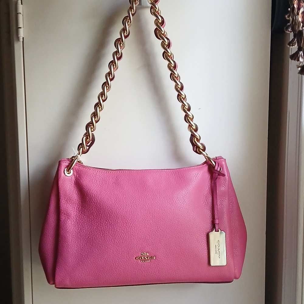NEW Coach Mia Pink Pebble Leather with Gold Chain Shoulder Bag NEW w Tags - Picture 9 of 14